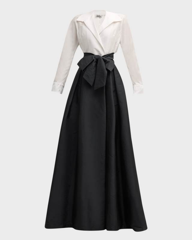 Two-Tone Belted Taffeta Shirt Gown